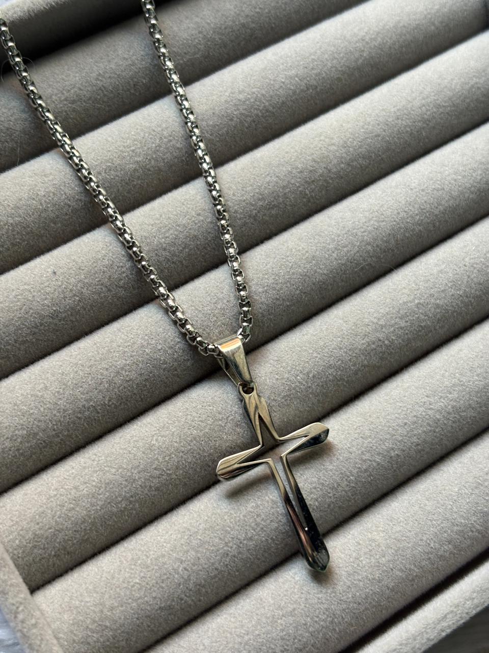 men cross chain silver stainless-steel - Image 1